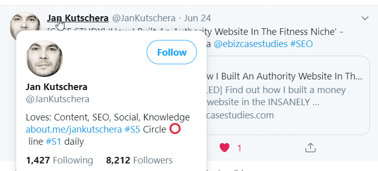 A screenshot of a Twitter user from Quuu sharing a Quuu Promote user's content, and they have over eight thousand followers.