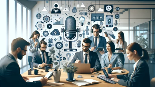 Diverse group of business professionals in a modern office setting engaging in various content marketing activities: brainstorming on a tablet, recording a podcast, managing social media on a laptop, and interacting with an AI chatbot.