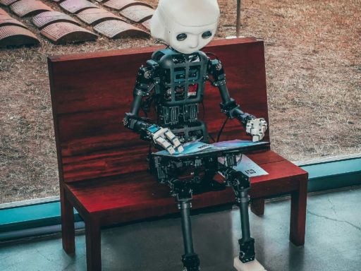 Mechanical nuts and bolts robot is sat at a bench with a laptop clearly automating their social media using Quuu