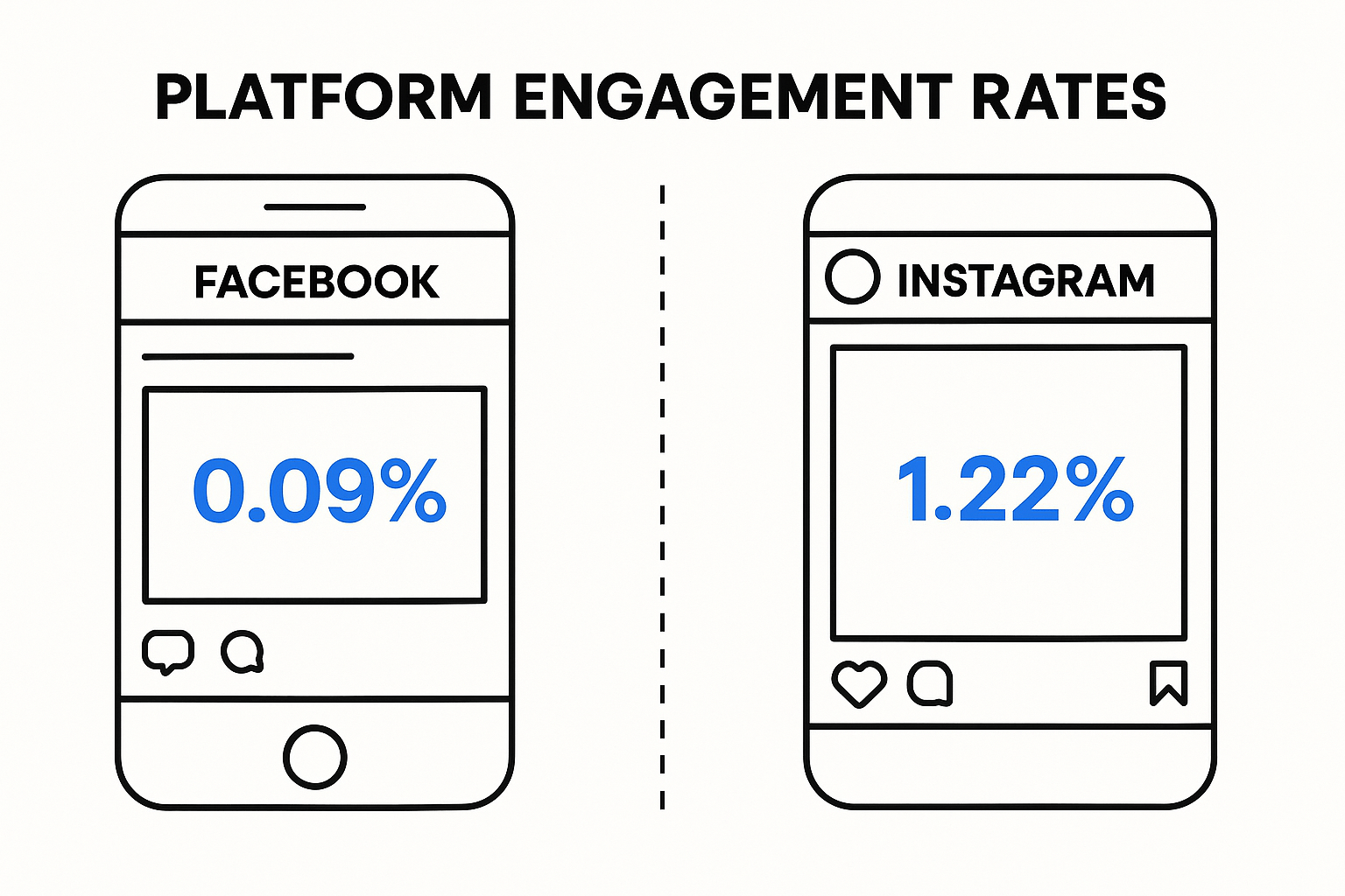 Social media engagement rate comparison across platforms showing Facebook at 0.09% and Instagram at 1.22%