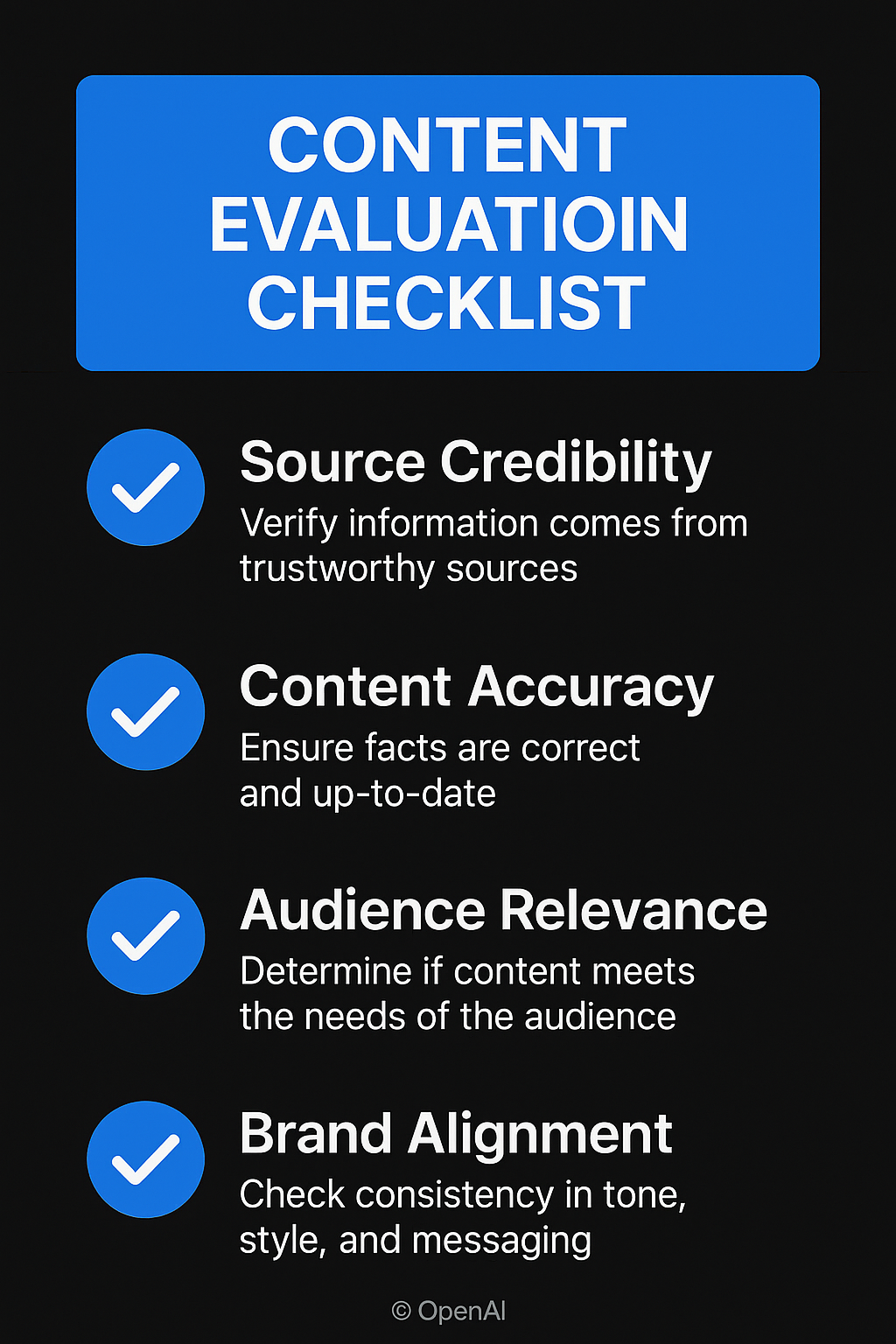 Before sharing, check source credibility, content accuracy, audience relevance, and brand alignment
