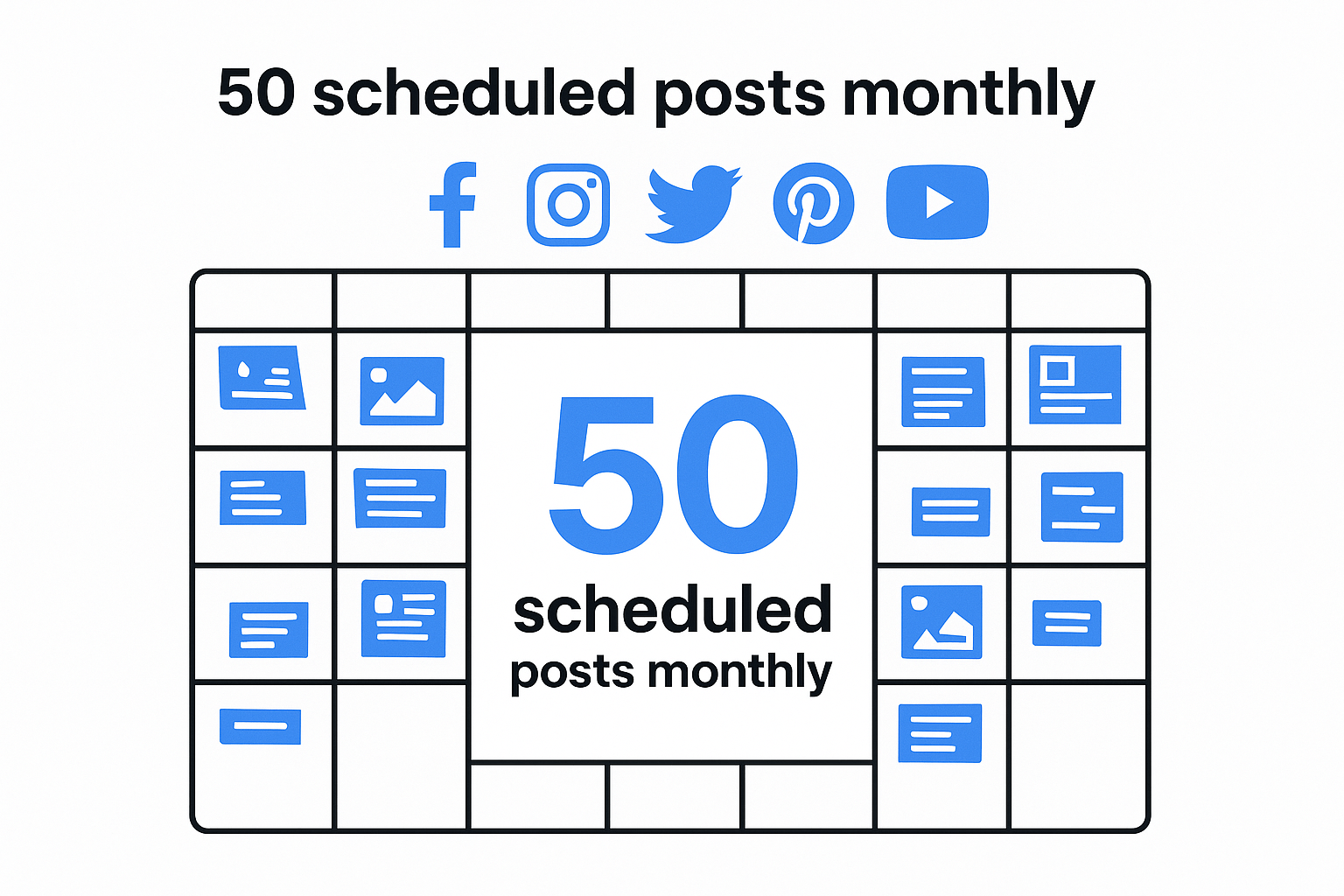 Metricool dashboard showing platform support for Facebook, Instagram, Twitter, Pinterest, and YouTube with 50 monthly scheduled posts