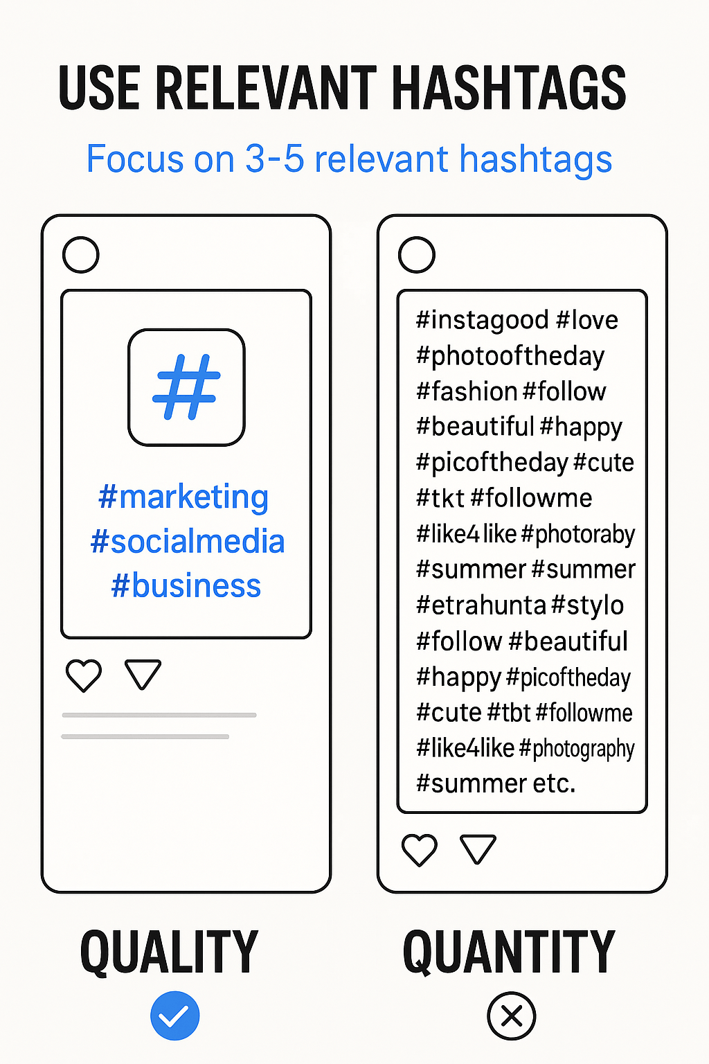 Use 3-5 highly relevant hashtags rather than stuffing posts with 30 generic ones that dilute your message