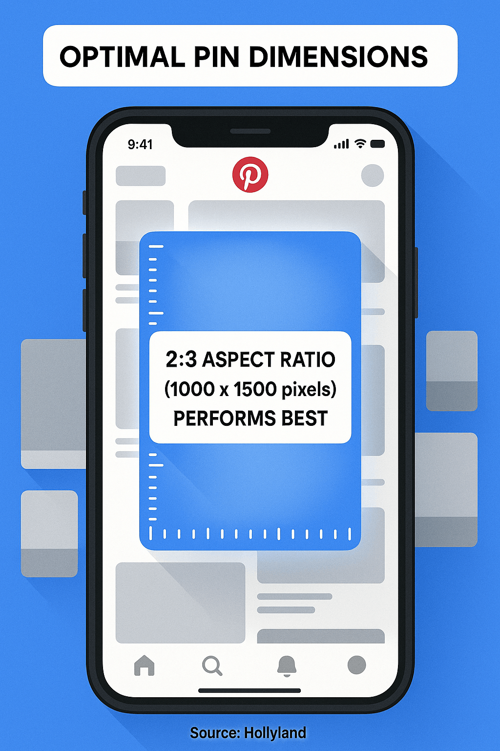 Pinterest pin dimension guide showing optimal 2:3 aspect ratio examples with 1000x1500 pixel dimensions