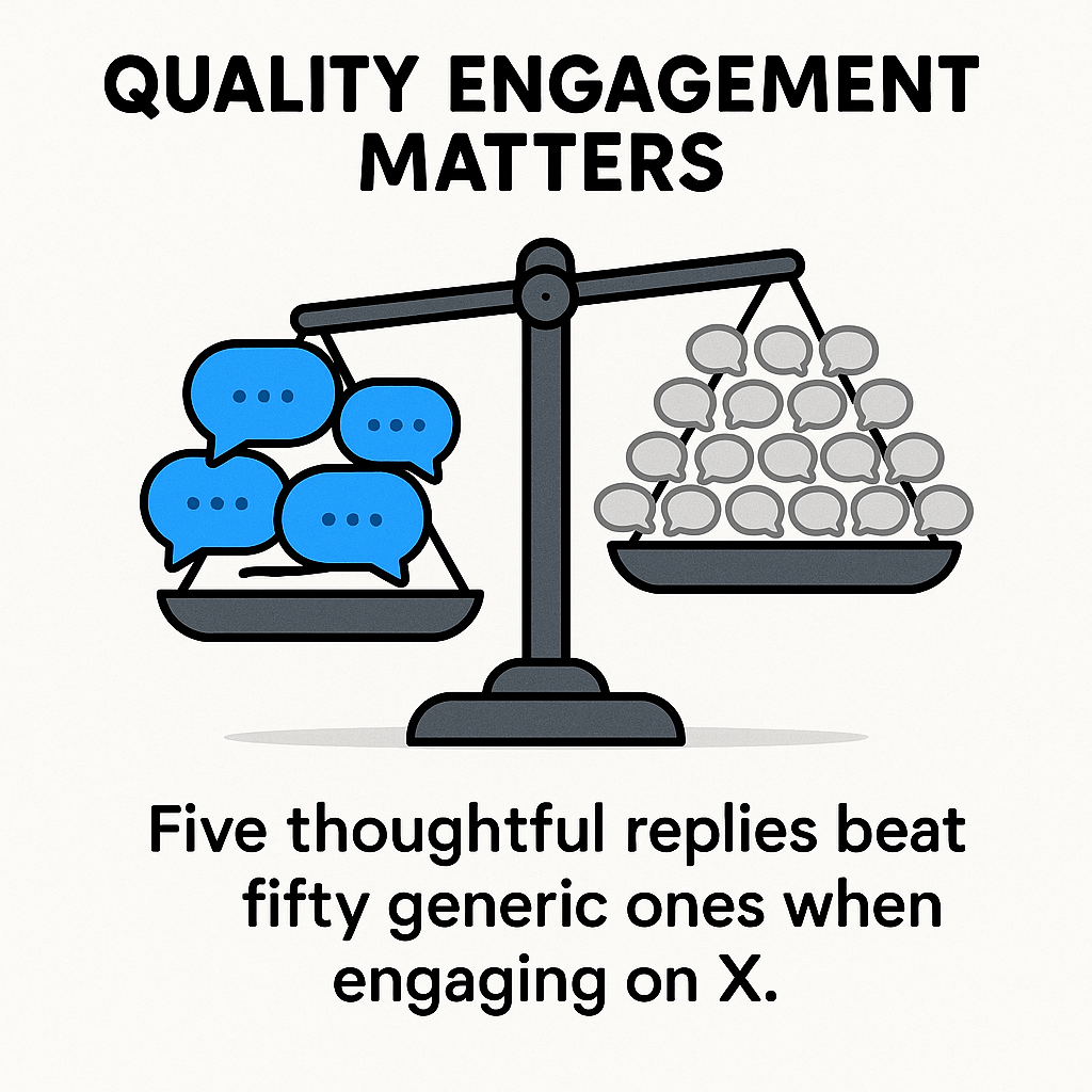 Five thoughtful replies beat fifty generic ones when engaging on X
