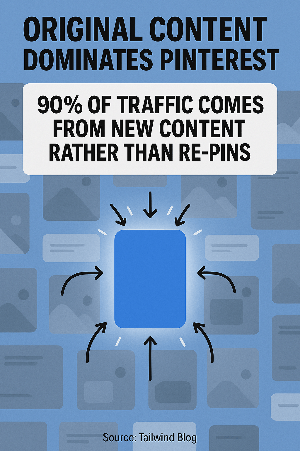 Pinterest analytics showing original content performance with 90% traffic from new pins versus repins