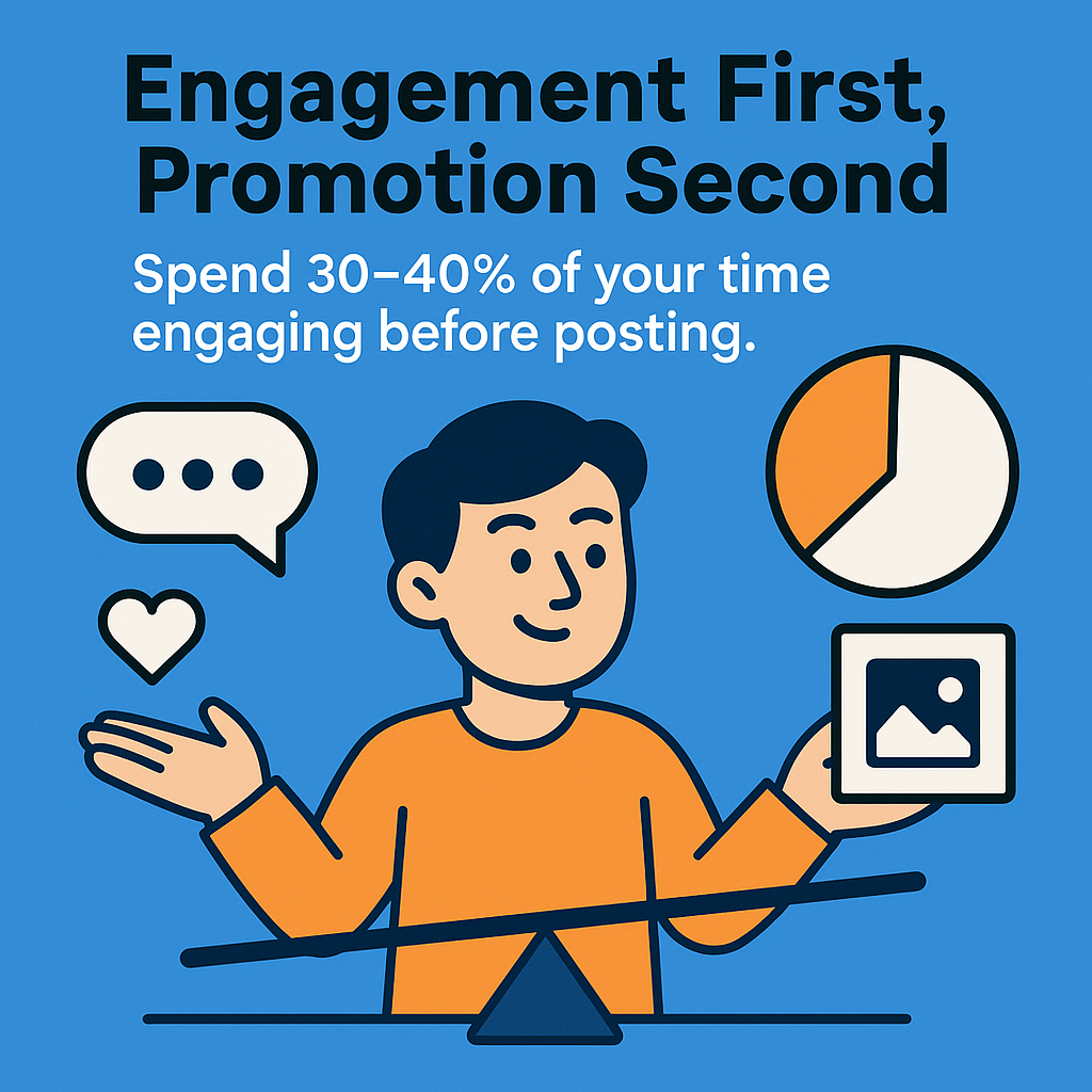 Spend 30-40% of your time engaging with others rather than just posting your own content