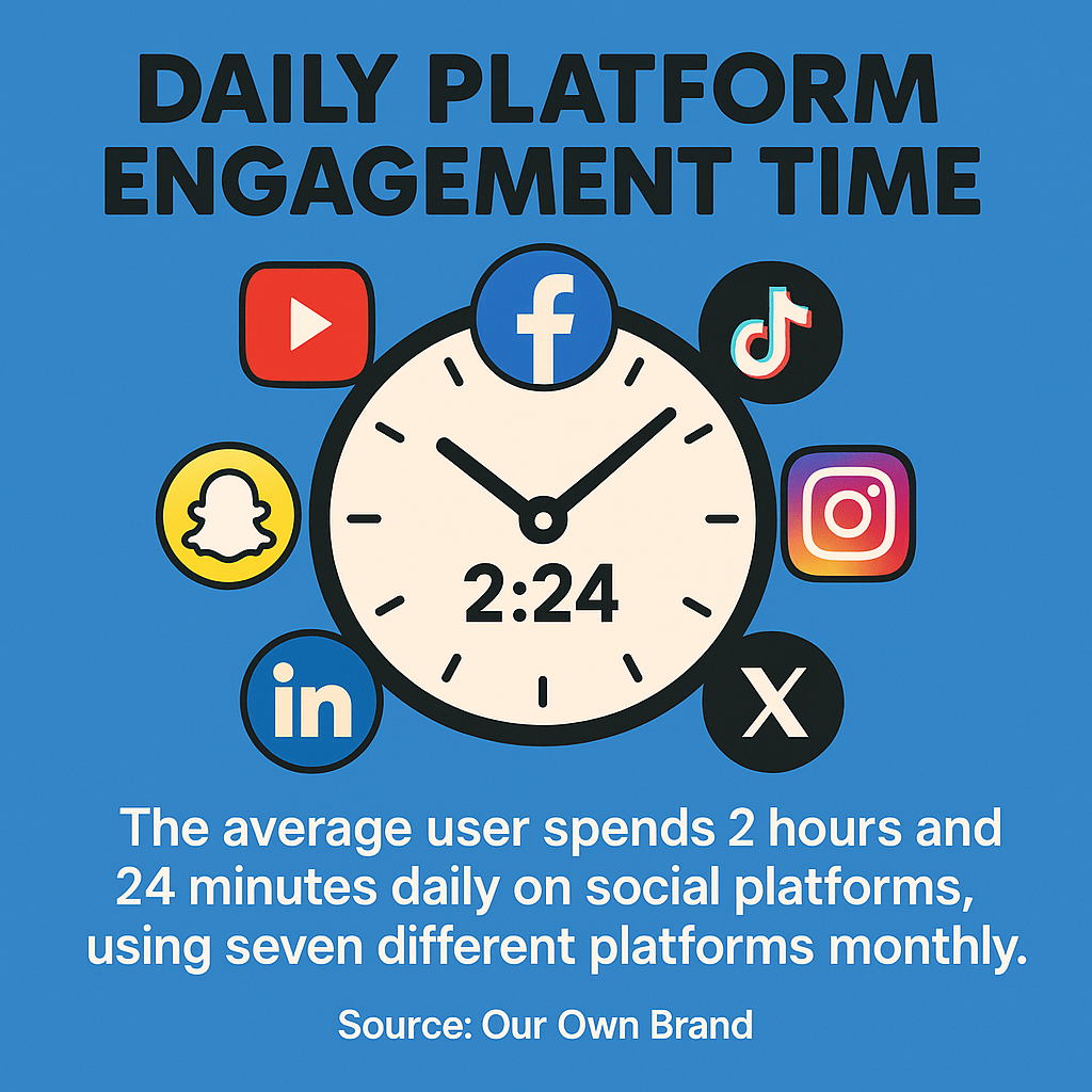 The average user spends 2 hours and 24 minutes daily on social platforms, using seven different platforms monthly