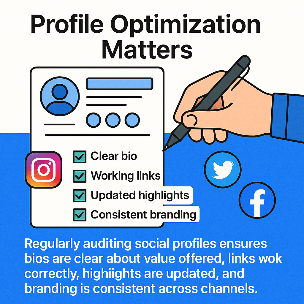 Regularly auditing social profiles ensures bios are clear about value offered, links work correctly, highlights are updated, and branding is consistent across channels