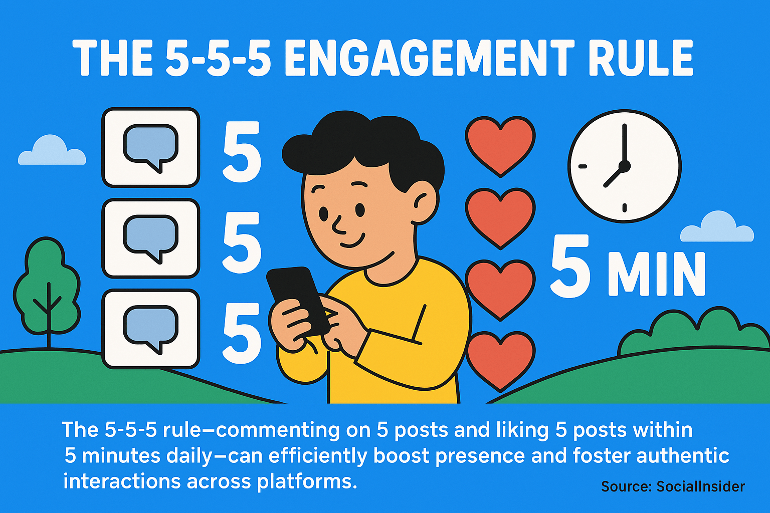 The 5-5-5 rule—commenting on 5 posts and liking 5 posts within 5 minutes daily—can efficiently boost presence and foster authentic interactions across platforms