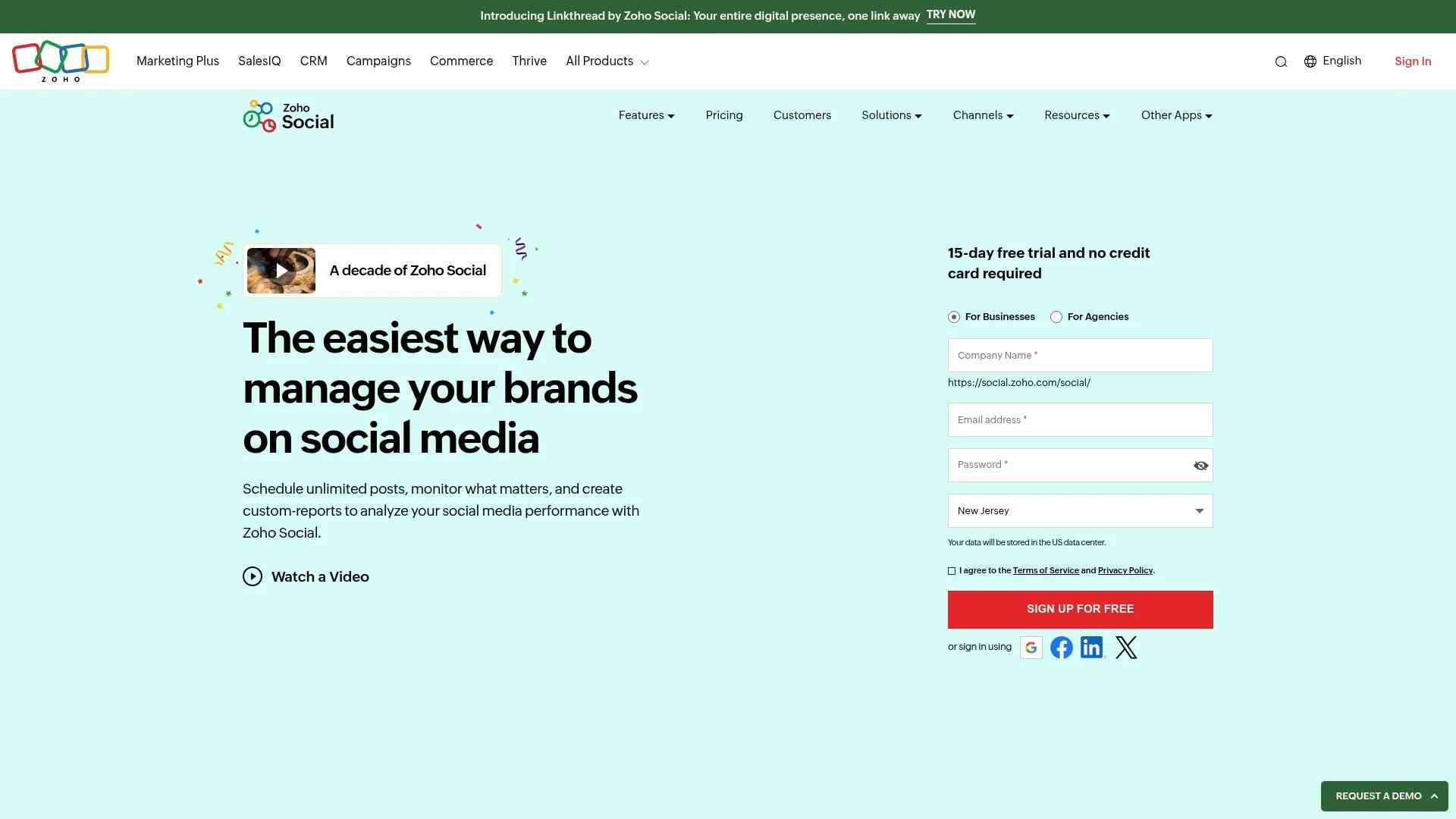 Screenshot of https://www.zoho.com/social