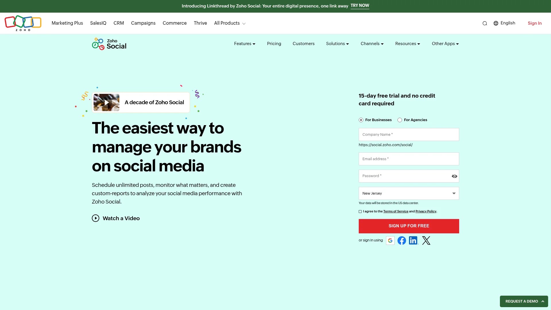 Screenshot of https://www.zoho.com/social/