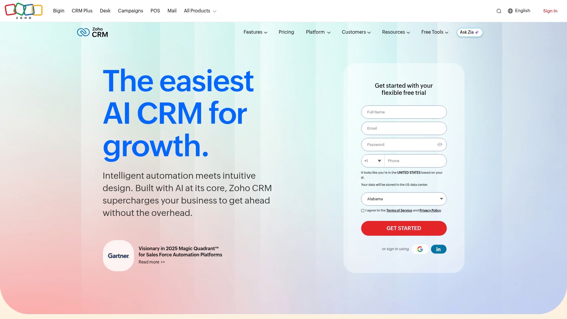 Screenshot of https://www.zoho.com/crm/